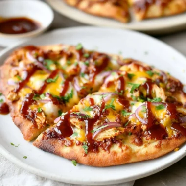BBQ Chicken Naan Pizzas topped with cheese and herbs on a wooden serving board