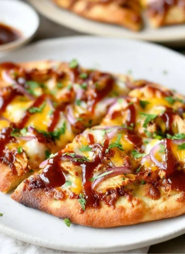 BBQ Chicken Naan Pizzas topped with cheese and herbs on a wooden serving board