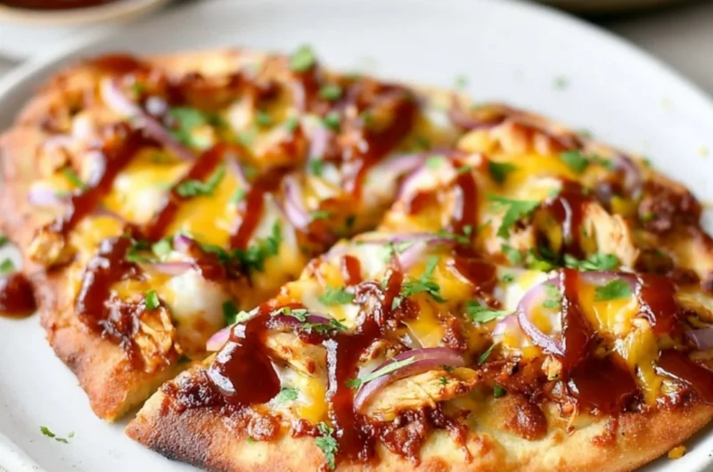 BBQ Chicken Naan Pizzas topped with cheese and herbs on a wooden serving board