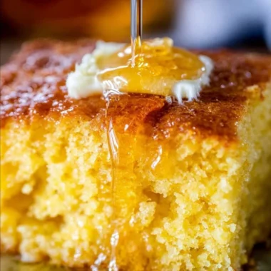 Deliciously moist homemade cornbread sliced on a wooden board