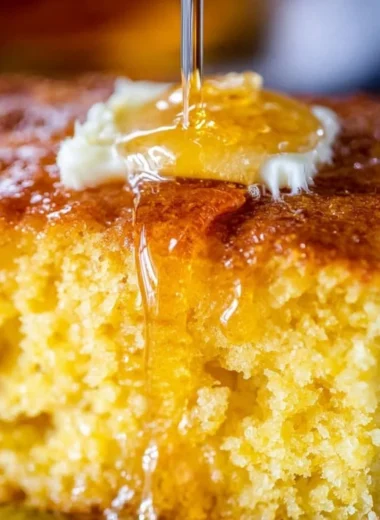 Deliciously moist homemade cornbread sliced on a wooden board