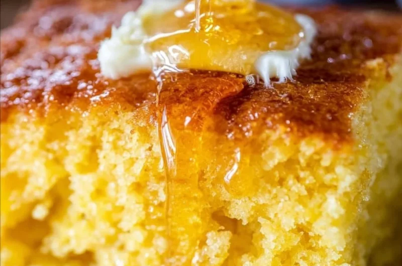 Deliciously moist homemade cornbread sliced on a wooden board