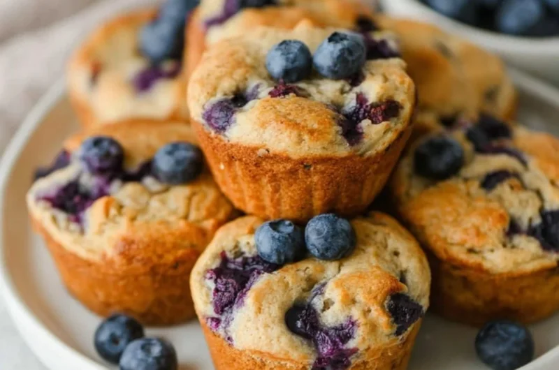 Freshly baked blueberry cottage cheese muffins on a rustic table