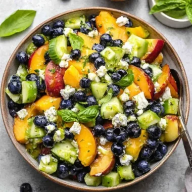 Fresh blueberry peach feta salad with vibrant fruits and creamy feta cheese