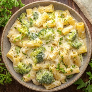 Creamy Broccoli Cheese Pasta dish garnished with fresh herbs