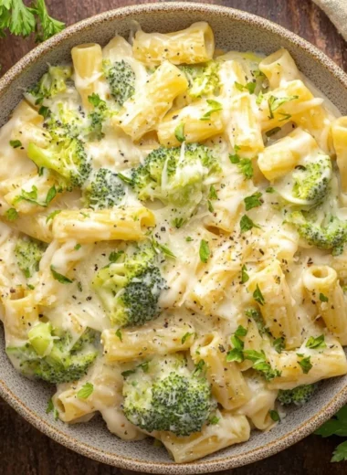 Creamy Broccoli Cheese Pasta dish garnished with fresh herbs