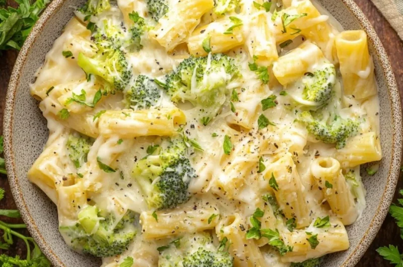 Creamy Broccoli Cheese Pasta dish garnished with fresh herbs