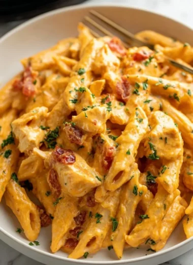 Delicious Buffalo Chicken Pasta served in a bowl with toppings
