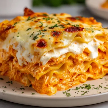 Delicious Cheesy Buffalo Ranch Chicken Lasagna served in a casserole dish