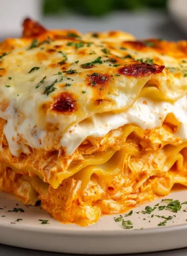 Delicious Cheesy Buffalo Ranch Chicken Lasagna served in a casserole dish
