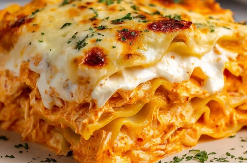Delicious Cheesy Buffalo Ranch Chicken Lasagna served in a casserole dish