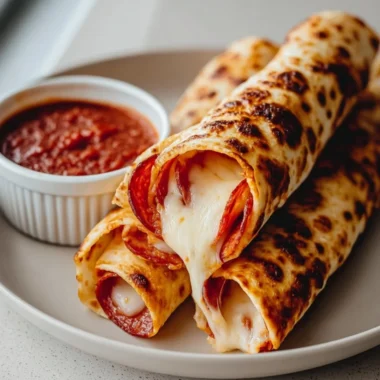Delicious cheesy pepperoni roll-ups served on a plate