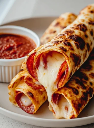 Delicious cheesy pepperoni roll-ups served on a plate
