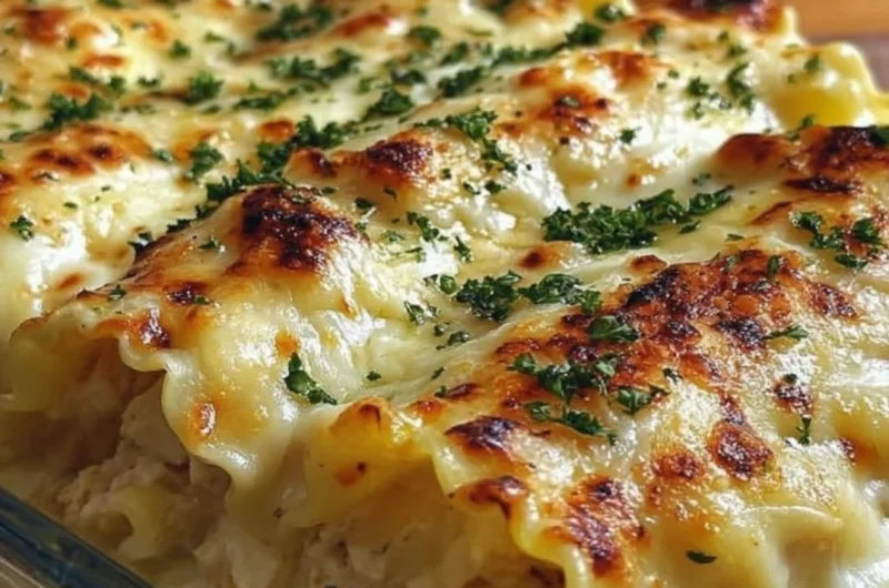 Plate of Chicken Alfredo Lasagna Rolls garnished with parsley