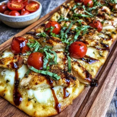 Delicious Chicken Caprese Flatbread with fresh ingredients and vibrant colors.