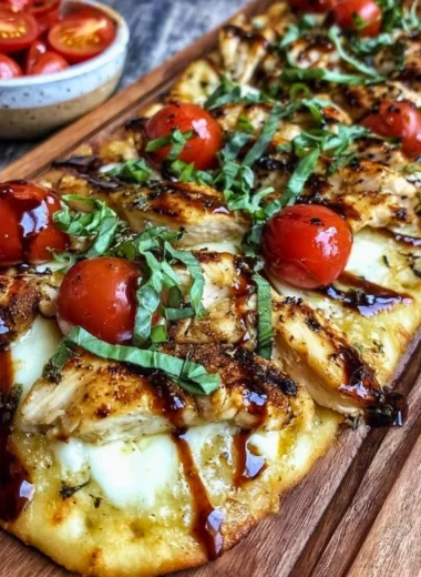 Delicious Chicken Caprese Flatbread with fresh ingredients and vibrant colors.