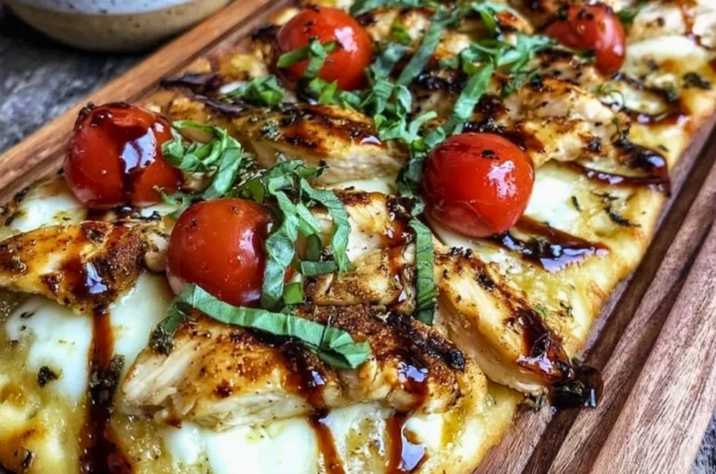 Delicious Chicken Caprese Flatbread with fresh ingredients and vibrant colors.