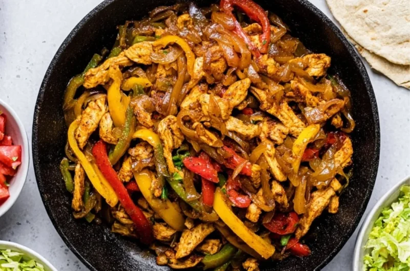 Delicious Chicken Fajitas with colorful peppers and onions served in a skillet.
