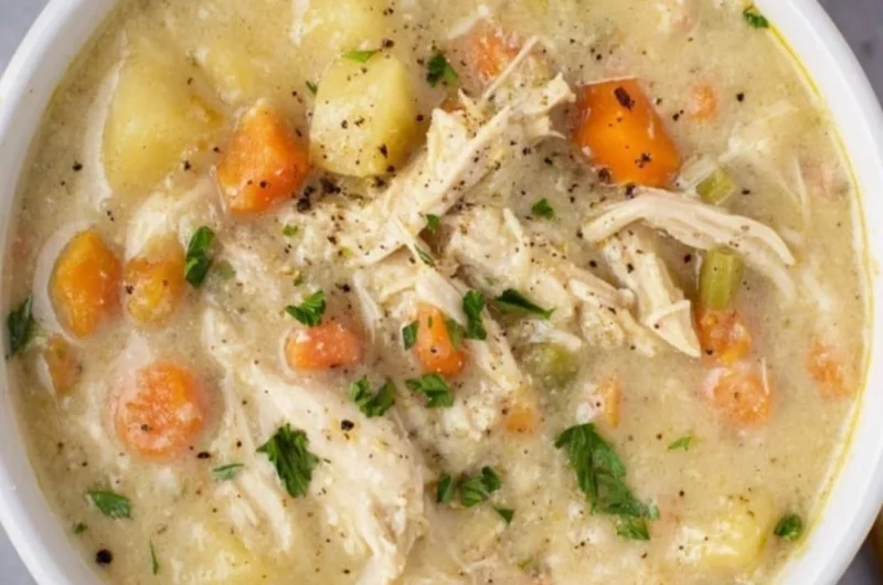 Bowl of Chicken Pot Pie Soup with vegetables and pie crust topping