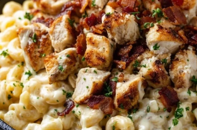 Creamy Chicken Ranch Macaroni and Cheese served with a sprinkle of herbs