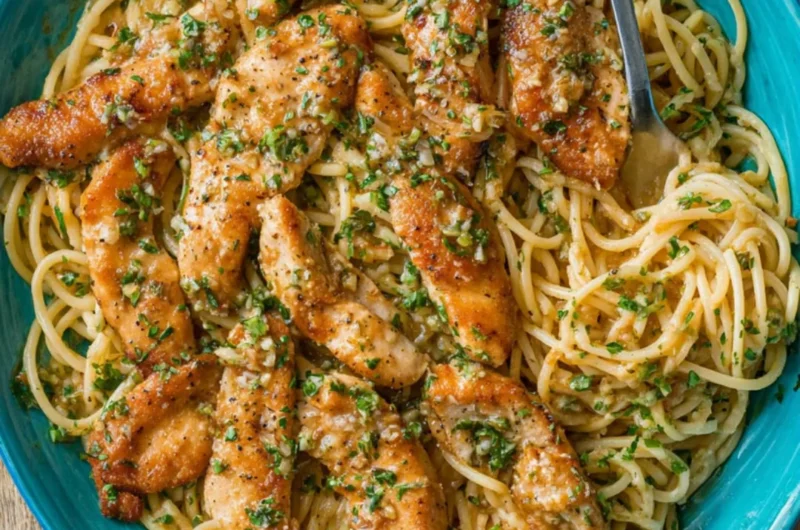 Delicious Chicken Scampi Pasta with garlic sauce and tender chicken slices