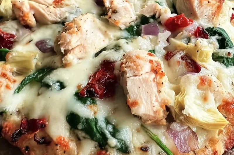 Delicious Chicken Spinach Artichoke Pizza with fresh ingredients