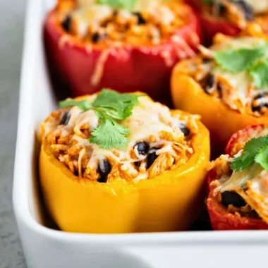 Delicious chicken stuffed peppers ready to be served for dinner