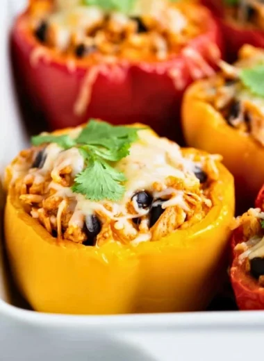 Delicious chicken stuffed peppers ready to be served for dinner