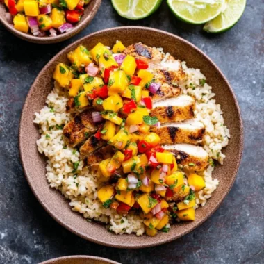 Chipotle lime grilled chicken served with vibrant mango salsa on a plate.