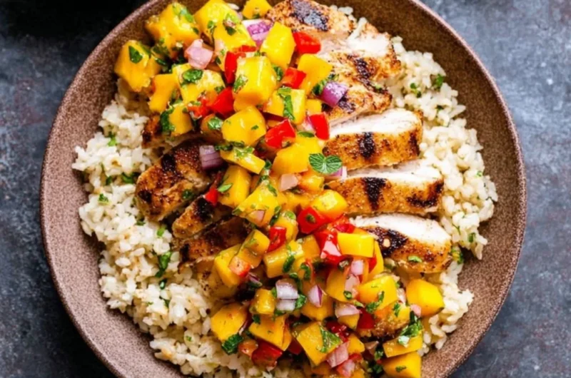 Chipotle lime grilled chicken served with vibrant mango salsa on a plate.