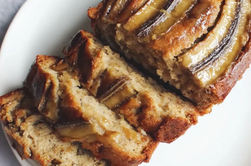 Loaf of classic banana bread with slices on a wooden cutting board
