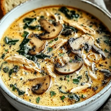Bowl of clean chicken mushroom soup with fresh ingredients and herbs
