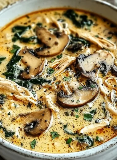 Bowl of clean chicken mushroom soup with fresh ingredients and herbs