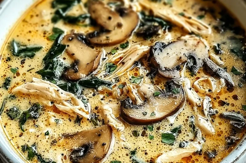 Bowl of clean chicken mushroom soup with fresh ingredients and herbs
