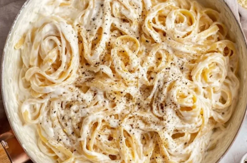 Cottage Cheese Alfredo sauce served over pasta in a bowl