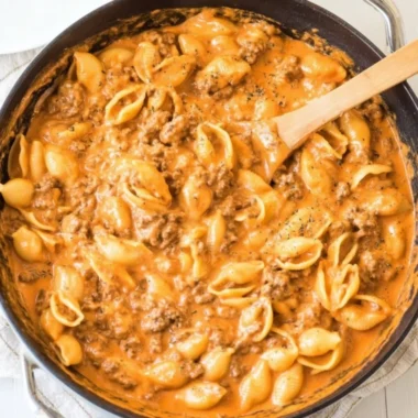 Delicious creamy beef and shells dish served in a bowl