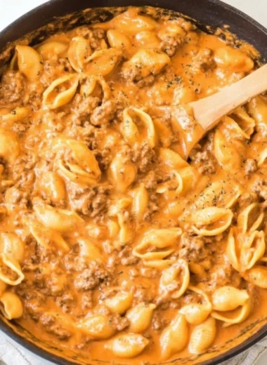 Delicious creamy beef and shells dish served in a bowl