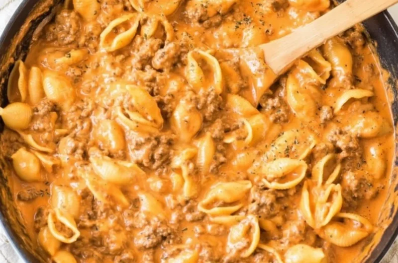 Delicious creamy beef and shells dish served in a bowl