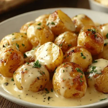 Creamy garlic sauce drizzled over baby potatoes garnished with herbs.