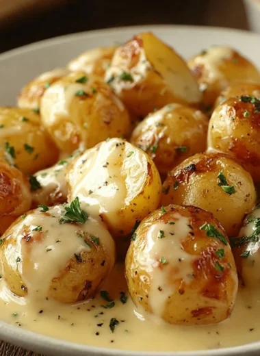 Creamy garlic sauce drizzled over baby potatoes garnished with herbs.