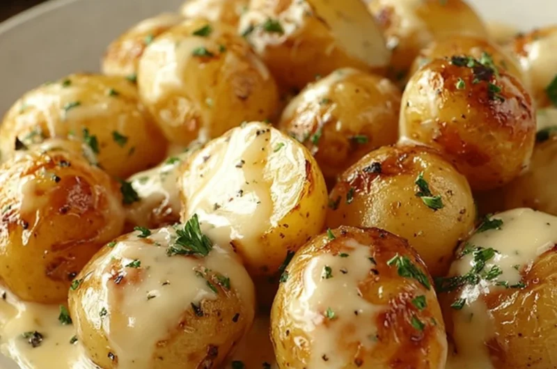 Creamy garlic sauce drizzled over baby potatoes garnished with herbs.