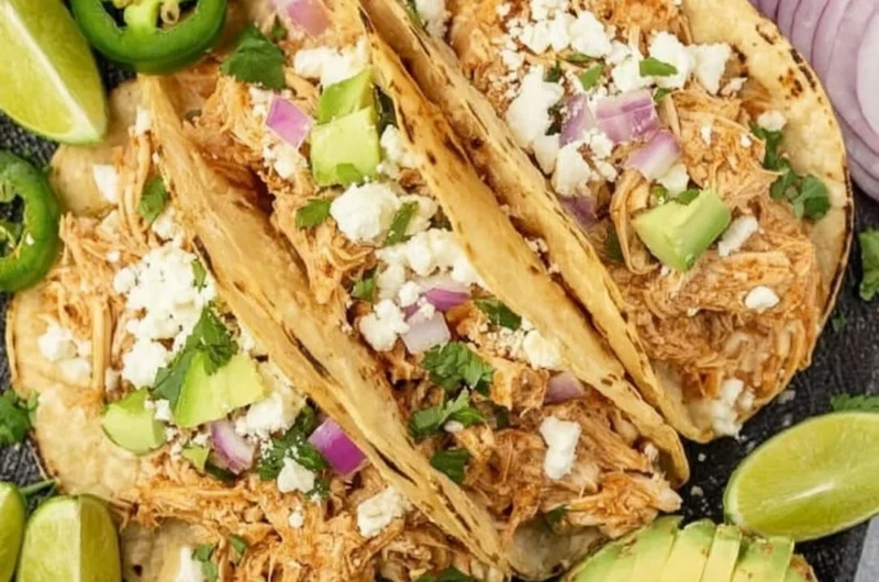 Crockpot Chicken Tacos served on a plate with fresh toppings