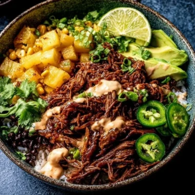 Crockpot Chipotle Pineapple Pot Roast Bowl served in a rustic dish