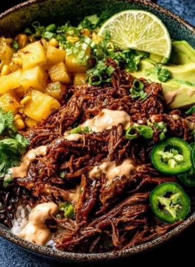 Crockpot Chipotle Pineapple Pot Roast Bowl served in a rustic dish