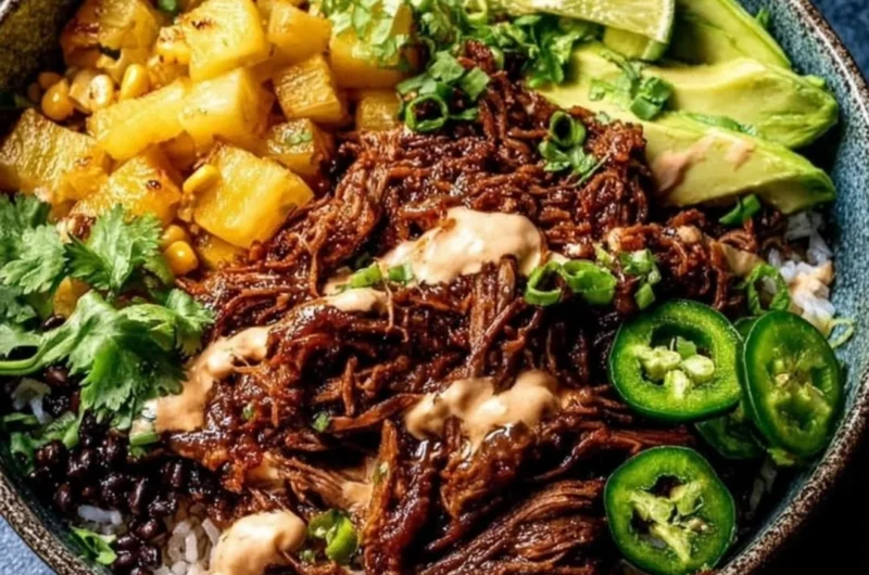 Crockpot Chipotle Pineapple Pot Roast Bowl served in a rustic dish