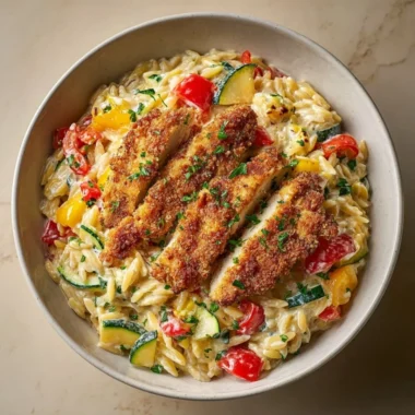 Creamy Easy Boursin Orzo Bake topped with herbs and cheese in a baking dish.