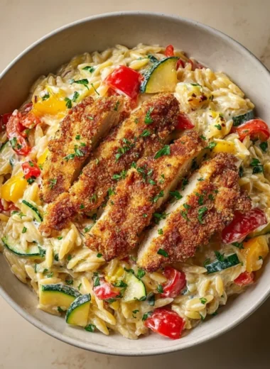 Creamy Easy Boursin Orzo Bake topped with herbs and cheese in a baking dish.