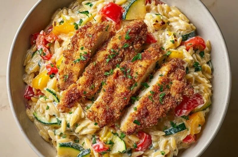 Creamy Easy Boursin Orzo Bake topped with herbs and cheese in a baking dish.