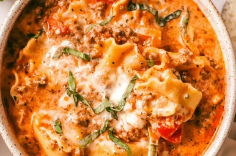 Bowl of creamy lasagna soup with cheese and fresh herbs ready to be served