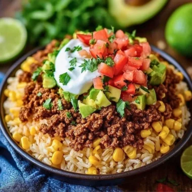 Delicious easy taco rice bowl with fresh ingredients and vibrant presentation.